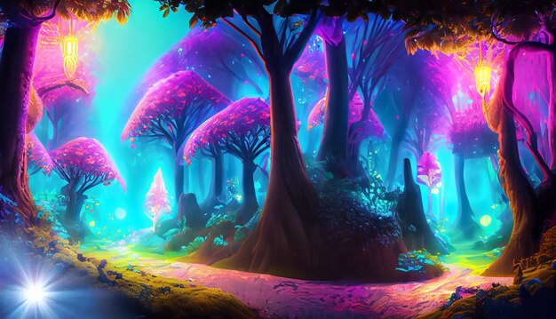 Fantasy of neon forest glowing colorful like fairytale Created