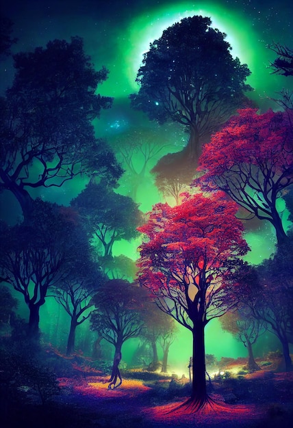 Fantasy of neon forest Glowing colorful look like fairytale 2D Illustration