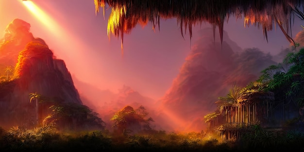 Fantasy neon forest jungle at sunset Mystical unreal forest Beautiful neon landscape 3D illustration