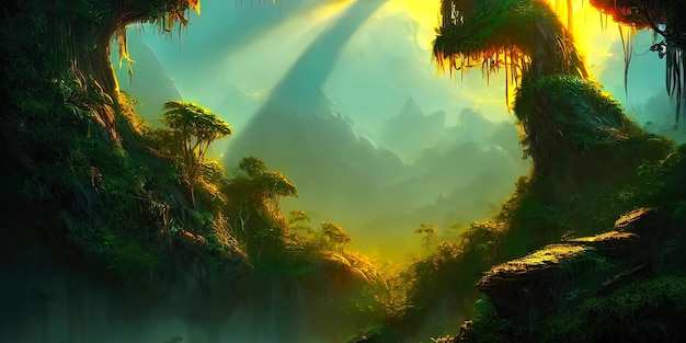 Fantasy neon forest jungle at sunset Mystical unreal forest Beautiful neon landscape 3D illustration