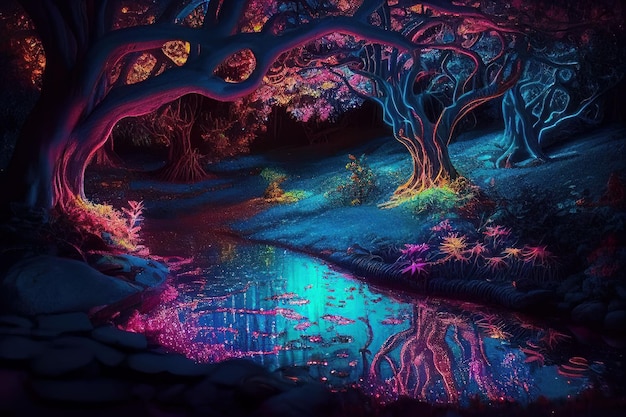 Fantasy of neon light forest glowing colorful like fairytale Created with Generative AI technology