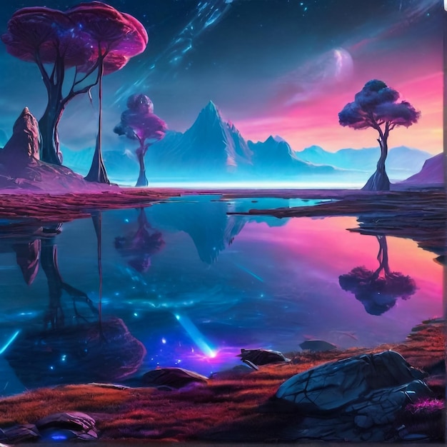 Fantasy of neon waterfall in deep forest Glowing colorful look like fairytale 2D Illustration