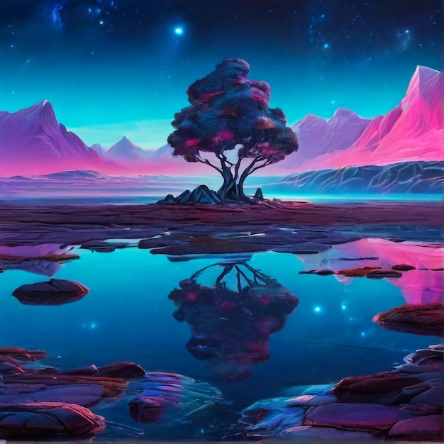 Fantasy of neon waterfall in deep forest Glowing colorful look like fairytale 2D Illustration