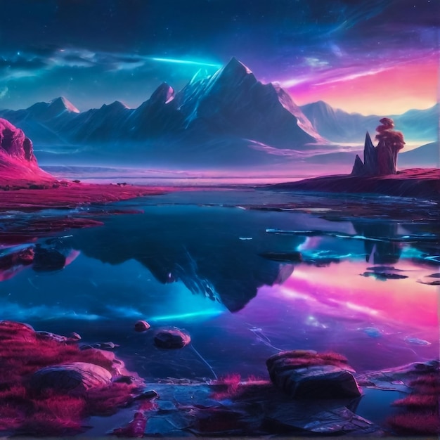 Fantasy of neon waterfall in deep forest Glowing colorful look like fairytale 2D Illustration