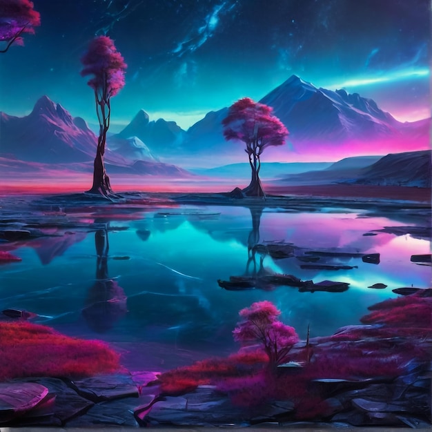 Fantasy of neon waterfall in deep forest Glowing colorful look like fairytale 2D Illustration