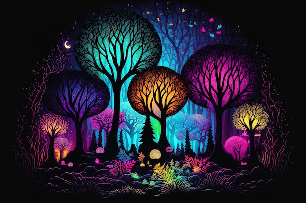 Fantasy neon woodland with dazzling colors that like a story