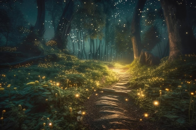 Fantasy night forest filled with fireflies Generative AI illust