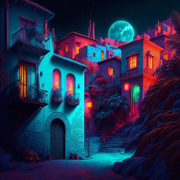 Fantasy night illustration town in neon under the moon light