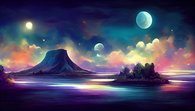 Fantasy night landscape with abstract islands and night sky with space galaxies Generative Ai