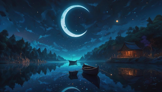 Fantasy night landscape with boat on the lake and full moon in the sky