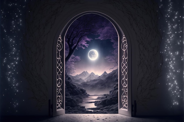 Fantasy night landscape with enchanted elven doorway to another dimension