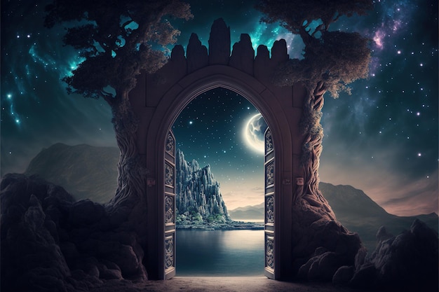 Fantasy night landscape with enchanted elven doorway to another dimension