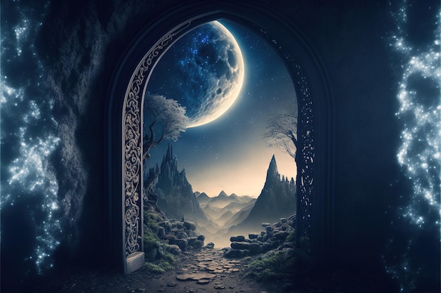 Fantasy night landscape with enchanted elven doorway to another dimension