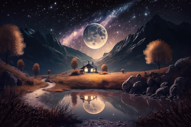 Fantasy night landscape with hut and full moon Generative AI