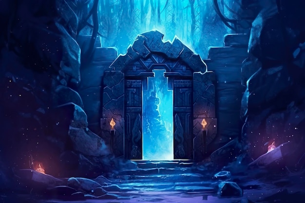 Fantasy night landscape with magical power ancient stones with magical power and light runes Passage to another world magic door light neon AI Generative