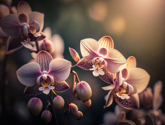 Fantasy orchid plants and glowing flowers background close up