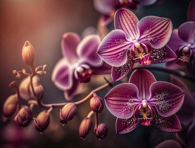 Fantasy orchid plants and glowing flowers background close up