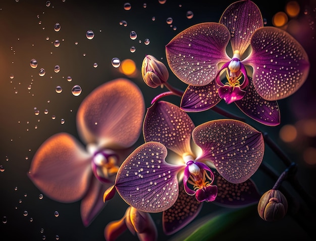 Fantasy orchid plants and glowing flowers background close up