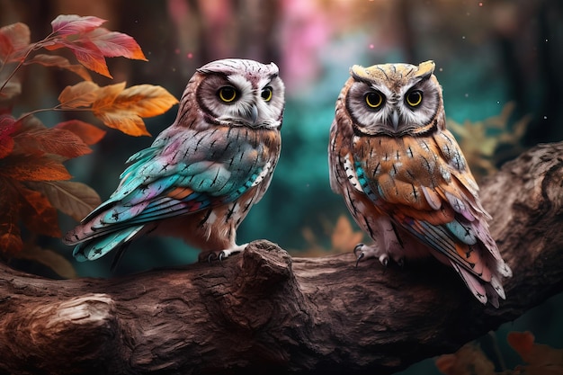 Fantasy owls in fairy forrest on a branch Geenrative Ai