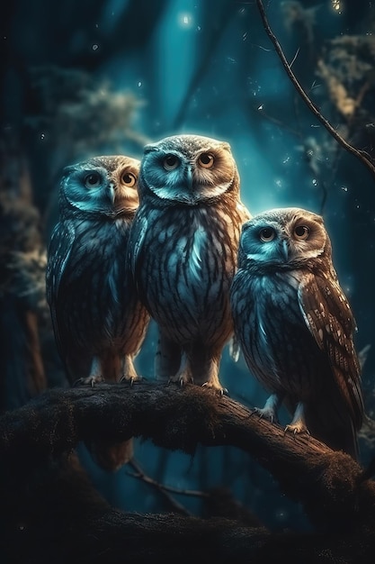 Fantasy owls in fairy forrest on a branch Geenrative Ai