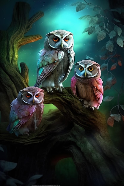 Fantasy owls in fairy forrest on a branch Geenrative Ai