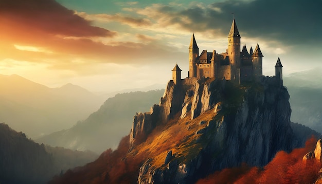 A fantasy painting of a castle sitting on top of a craggy peak with a cinematic tone