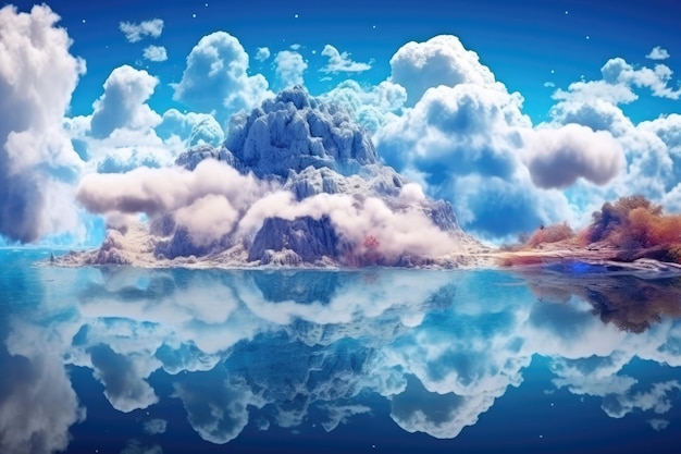 Fantasy Paradise island with white clouds reflected in water White fluffy clouds Reality paradise