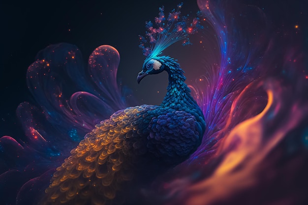 Fantasy Peacock on Galaxy space. AI generated