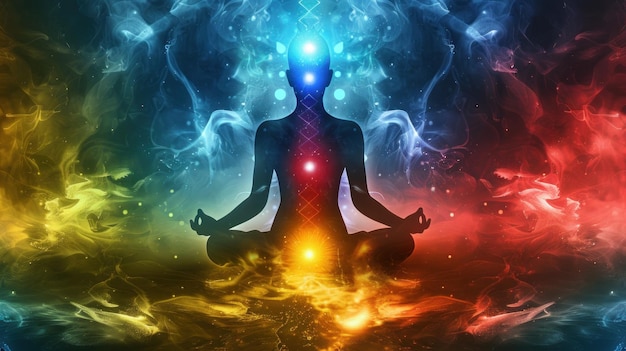 A fantasy a person is meditating in a colorful psychedelic background