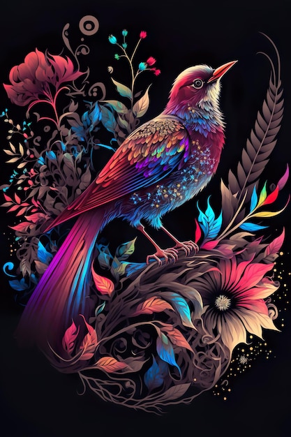 Fantasy Pink Bird on flowers Luxury wallpaper prints poster AI illustration