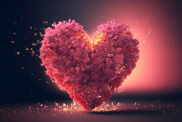 Fantasy pink flowers heart on dark background