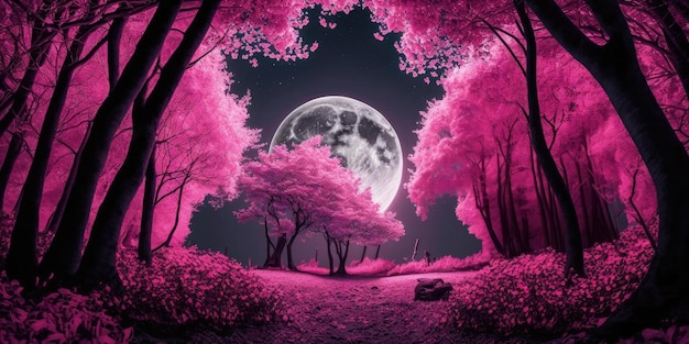 Fantasy pink forest with tall trees in full moon night