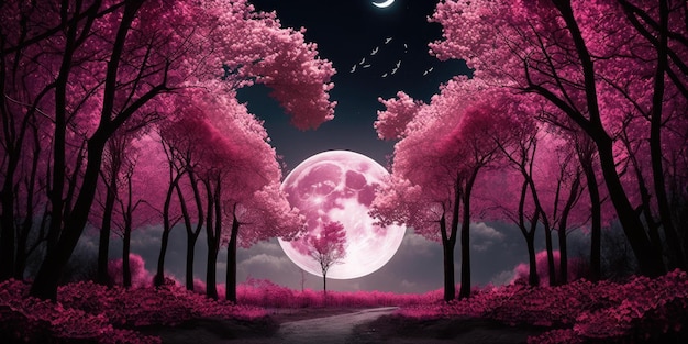 Fantasy pink forest with tall trees in full moon night