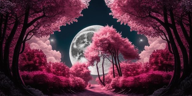 Fantasy pink forest with tall trees in full moon night