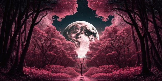 Fantasy pink forest with tall trees in full moon night