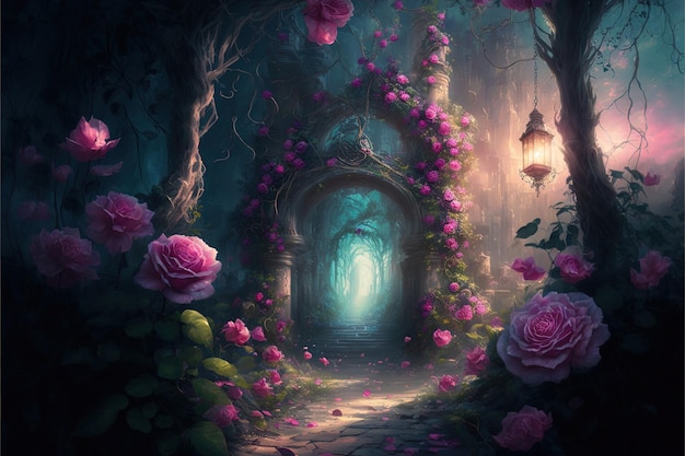 Fantasy pink Roses Flowers bloom and Road leads to a mystical Garden Digital illustration AI