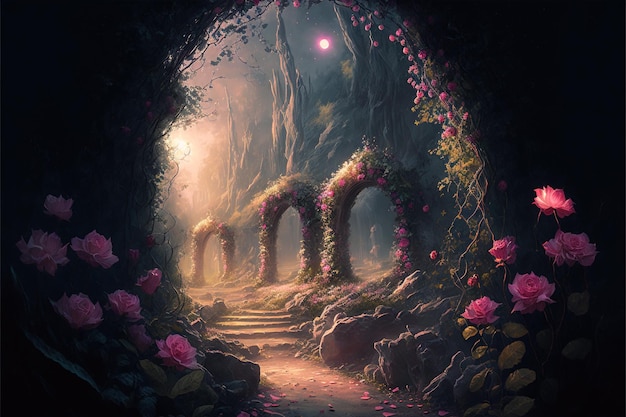 Fantasy pink Roses Flowers bloom and Road leads to a mystical Garden Digital illustration AI