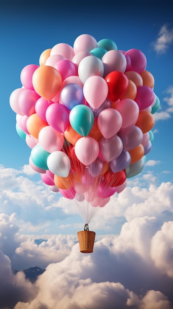 fantasy plane fly and floating in sky with bunch of colorful balloons Vertical Mobile Wallpaper