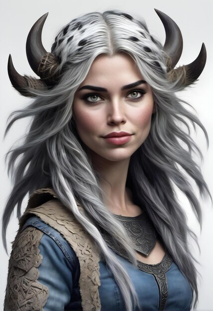 Fantasy portrait of a beautiful girl with long hair and horns