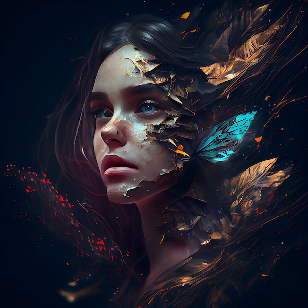 Fantasy portrait of a beautiful young woman with butterfly on her face