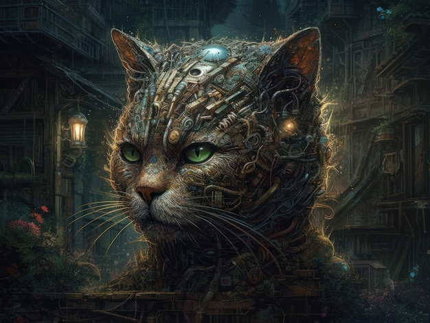 Fantasy portrait of a cat in the style of steampunk Created with Generative AI technology