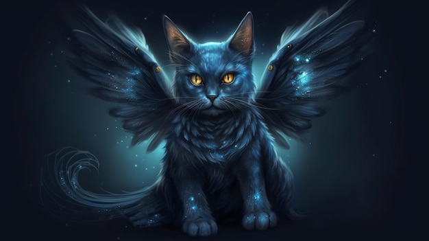 Fantasy portrait of a cat with blue eyes and wings on a black backgroundgenerative ai