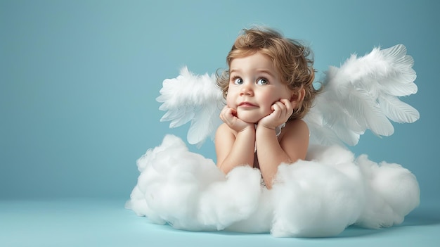 Photo fantasy portrait of a cute little newborn baby baby angel wings angelic cupid kid adorable girl child sitting and posing at white cloud isolated on blue background portrait of a beautiful baby girl