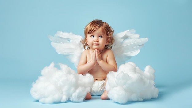 Photo fantasy portrait of a cute little newborn baby baby angel wings angelic cupid kid adorable girl child sitting and posing at white cloud isolated on blue background portrait of a beautiful baby girl