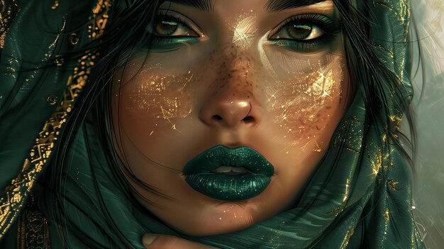 Fantasy Portrait Mystical GreenEyed Woman with Gold Glitter and Turquoise Lipstick