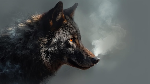 Fantasy portrait of a wolf in smoke on a dark backgroundgenerative ai