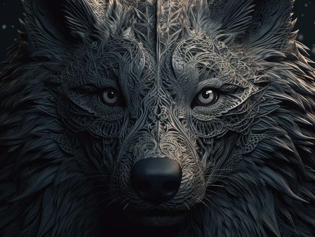 Fantasy portrait of a wolf with an abstract pattern on the face Created with Generative AI technology