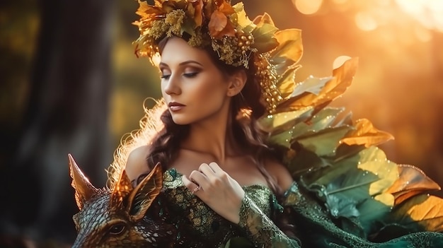 Fantasy queen hugs dragon Magic flowering trees green leaves Princess goddess