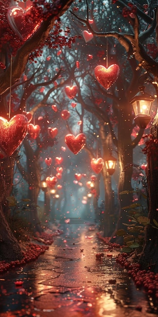 Fantasy red heart forest path with lanterns