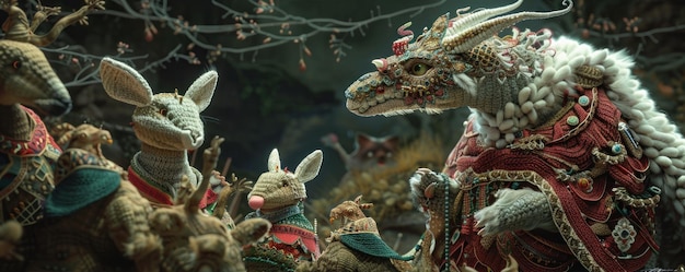 Fantasy render of a mythical amigurumi dragon in an ornate cape surrounded by animals in festive ponchos a celebration of crafts